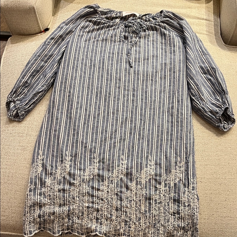 Renee C. Blue and White Striped Peasant Tunic with Embroidered Hem